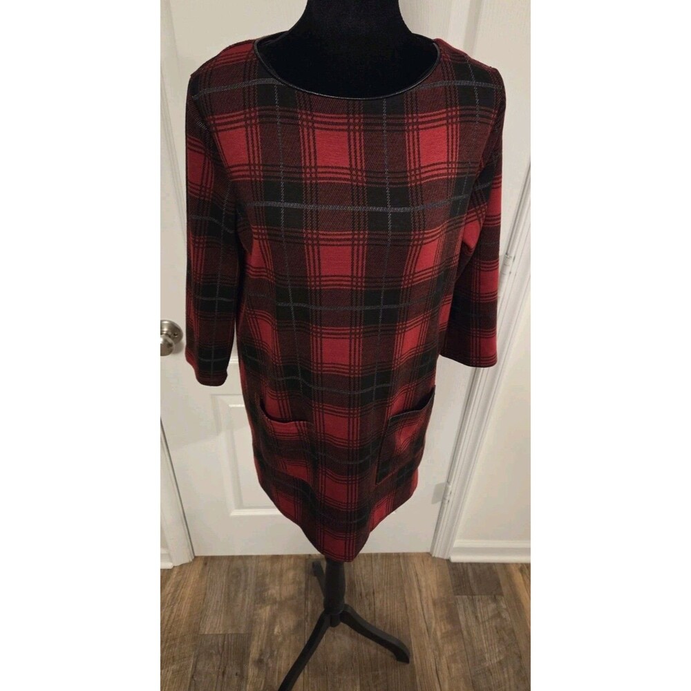 Primark Red/Black Plaid Shift Dress w/ Pockets, 3/4 Sleeves - Size 10